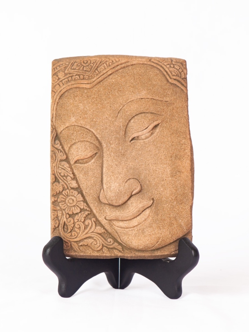 Buddha Face Ceramic Tablet with Wood Display Stand